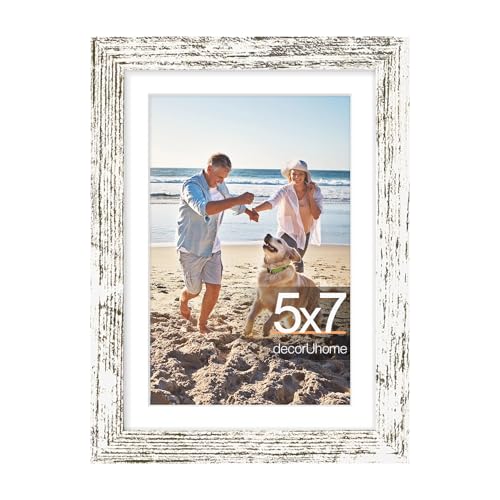 decorUhome 5x7 Picture Frame, Display Pictures 4x6 with Mat or 5x7 without Mat, Wall & Tabletop Display Photo Frame, Distressed White, 1 Pack