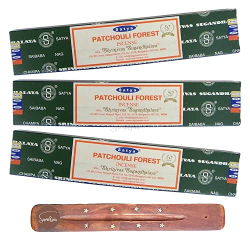 Satya Nag Champa Patchouli Forest Incense Sticks | x3 pack | with SAMASIA incense sticks holder | Used for Aromatherapy, Spa, Yoga, Weddings, Meditation, Healing, Positivity and Relaxation