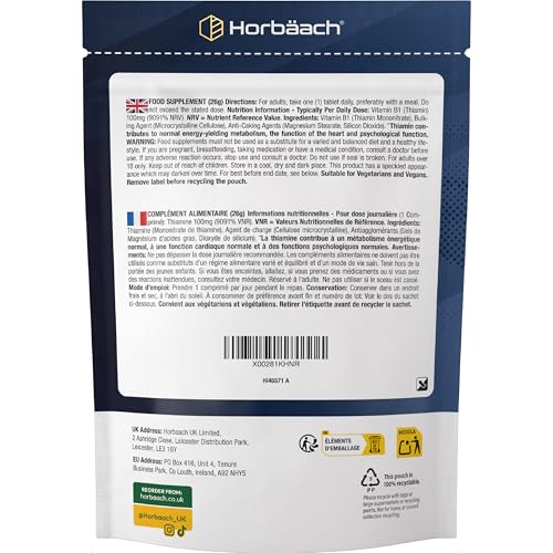 Vitamin B1 Hochdosiert 100mg Thiamin | 120 Vegane Tabletten | Ohne künstliche Zusätze | von Horbaach