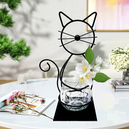Desktop Glass Planter Vase Holder, Modern Cat Plant Terrarium Metal