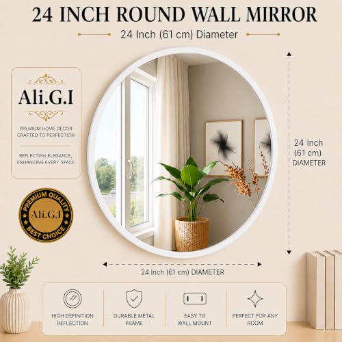 Image of Round Wall Mirror in Gold I Metal Frame Mirror I Modern Design Metal Frame Mirror in Medium Size I Bathroom Wash Basin, Bedroom, Drawing Room (White 24 inch)