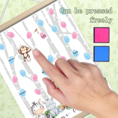 Image of QZCYU Gender Reveal Decorations Fingerprint Tree with Woodland Safari Animals, Gender Reveal Games Canvas Hanging Paintings Decor, Baby Shower Ideas