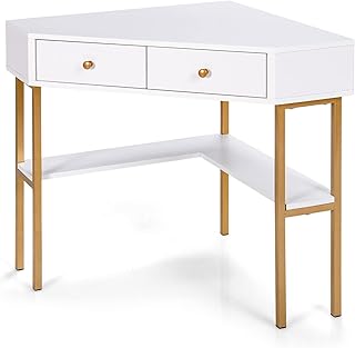 CASART Triangular Corner Desk, Computer Workstation Desk with Open Shelf & Drawer, Compact Metal Frame Study Table for Bedroom Living Room Office (White)