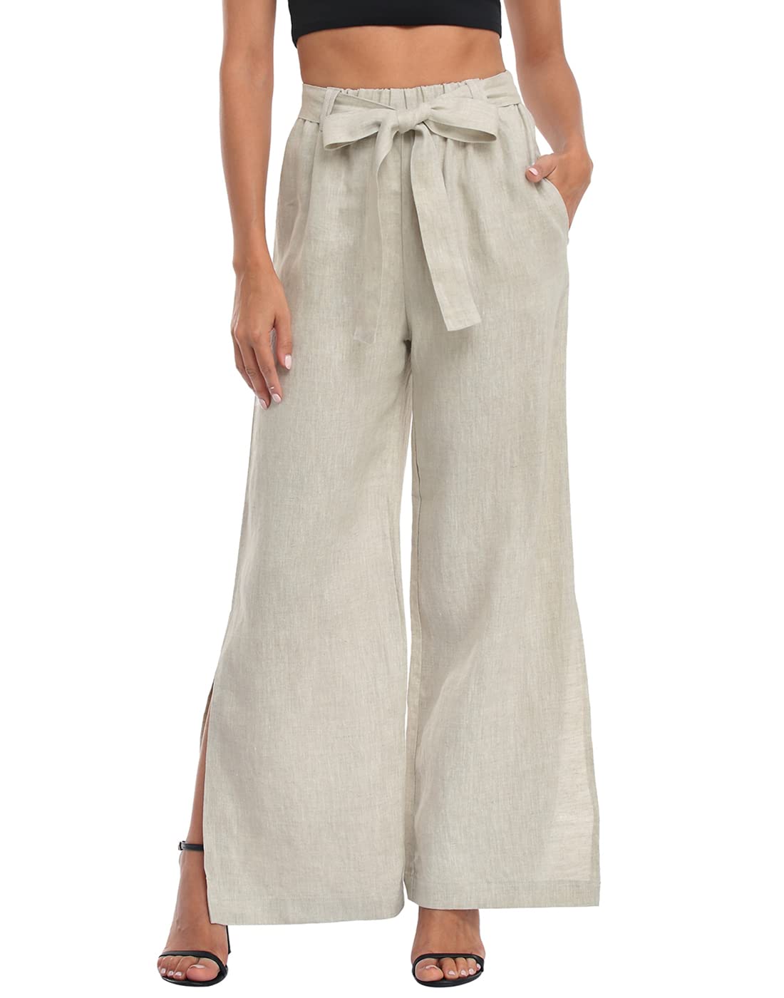 HDE Womens Linen Wide Leg Palazzo Pants Paperbag Flowy Boho Pant with Pockets