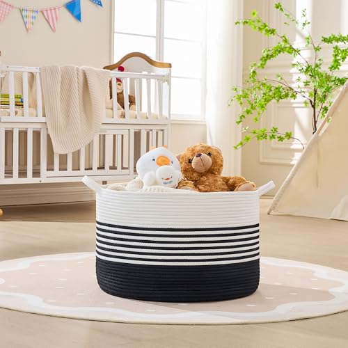 Image of KAKAMAY Cotton Rope Storage Basket (20 inchx13 inch),Woven Hamper for Blankets,Toys,Pillows,Clothes,Laundry,Sturdy Handles Decorative Basket for Living Room, Bedroom,Nursery(Black /Black Fringe)