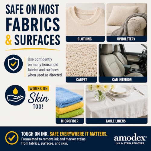 Image of Amodex Ink & Stain Remover for Clothes, Leather and Skin - Removes Ink, Ballpoint, Sharpie, Grease and More, Works on Set-in Stains, Gentle but Powerful, 4oz /120ml Bottle (Pack of 2)