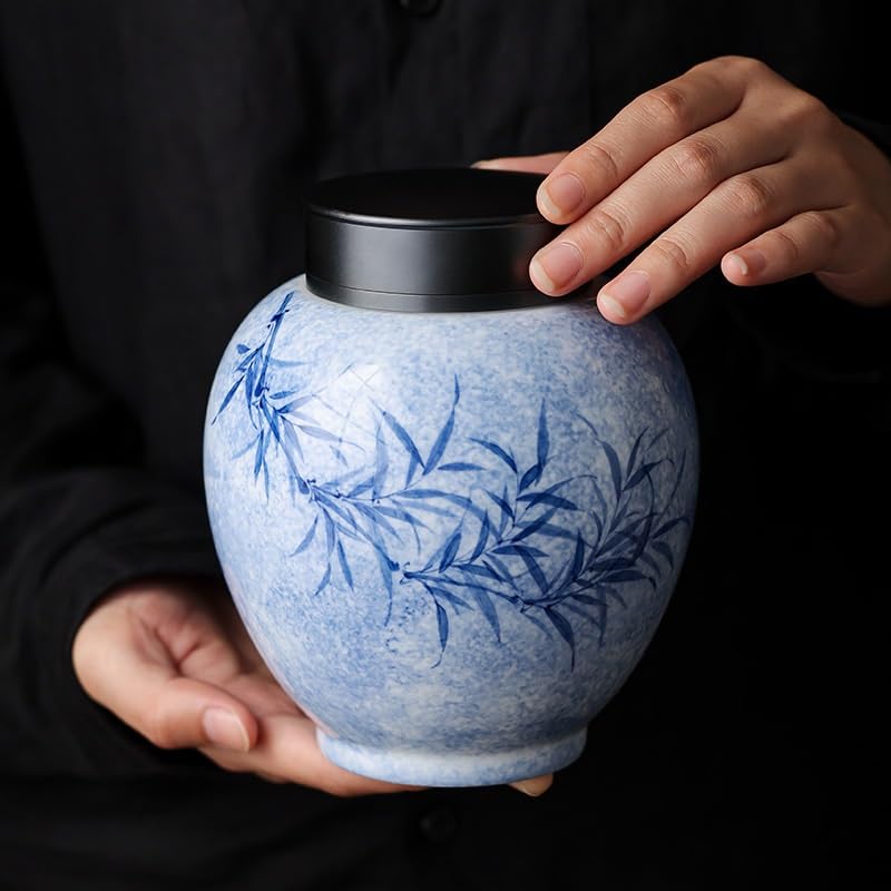 Zbiornik do przechowywania herbaty Czysty ręcznie malowany tuszem barwiony na zielono Duży okrągły pojemnik na herbatę Herbata domowa Zamknięta puszka Ceramiczny pojemnik(Jeden kolor-1300ml)