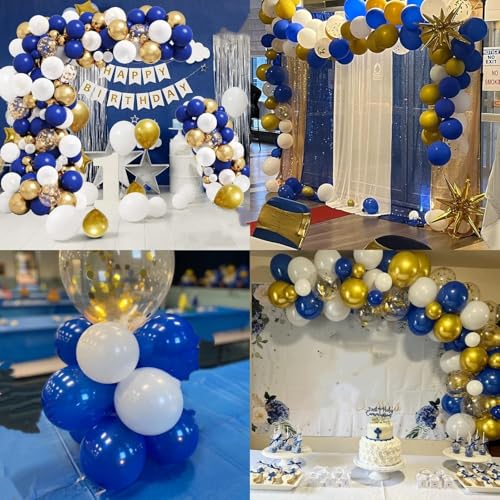 Image of Balloons Royal Blue White Gold Balloons for Graduation Decorations Metallic Chrome Gold Confetti 12inch Dark Deep Blue White Latex Balloon for Birthday Party Anniversary Baby Shower