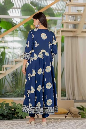Image of Pistaa's Women's Pure Cotton Anarkali Floral Printed Hand Work Kurta with Pant & Dupatta Set