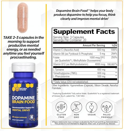 NATURAL STACKS Dopamine Brain Food - 650mg L-Tyrosine Supplement - Dopamine Supplement for Focus & Mental Drive - Supports Mental Energy - Neurotransmitter Support with B Vitamins - 60 Capsules - Image 4
