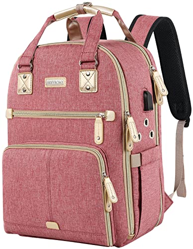 SINVICKO Bolsa de crochê, mochila de tricô e bolsa organizadora com porta de carregamento USB, bolsa grande para armazenamento de fios, rosa, 33*17*45cm / 13*6.7*17.7 in