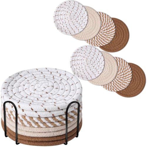 Drink Coasters 8 Pack with Holder, 4-Color Cotton Woven Absorbent Coasters Set, Minimalist 4.3in Cup Mat for Home Decor, Dining Table, Living Room, Tabletop-Protection for Coffee Beverage-Brown