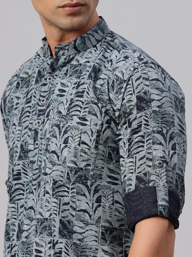 Image of Majestic Man Men's Pure Cotton Printed Mandarin Collar Regular Fit Roll-Up Sleeves Short Kurta