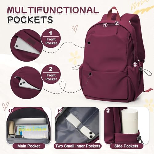 HYC00 Schulrucksack Teenager Mädchen Schultasche,Schulranzen Rucksack Mädchen Teenager Schule College-Rucksack Damen Backpack Casual Daypack Laptop Rucksack 14 zoll Damen Tagesrucksack,Weinrot