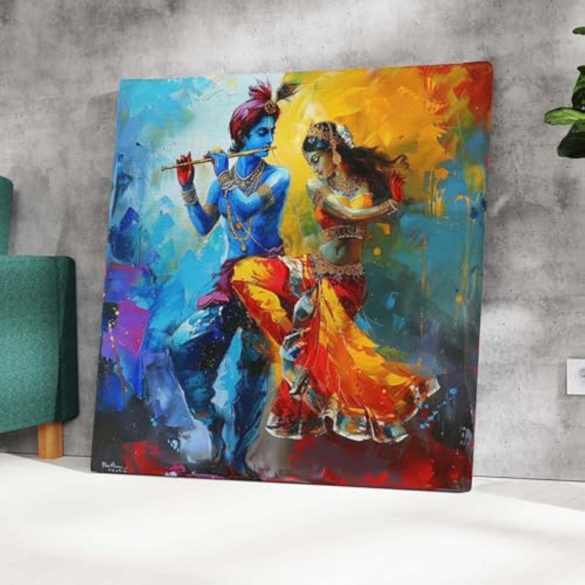 Radha Krishna Divine Dance Wall Art Canvas, Vibrant Modern Decor