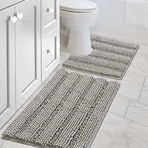 Bathroom Rugs Bath Rug Set 2 Piece Bathroom Contour Rug Toilet Mat Sets Non Slip Contour Bath Rug Set Ultra Thick Water Absorbent Striped Bath Mats Washable(20" x 32" Plus 20" x 20" U, Dove)