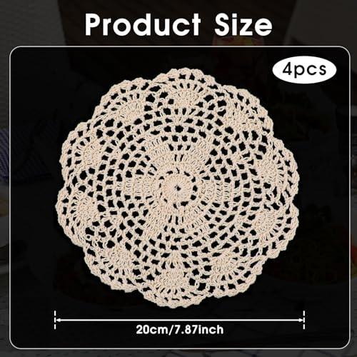4 Stück Gestickte Tischläufer Vintage Häkel Deckchen Beige Spitzendeckchen Rund Baumwolle Spitze Tischsets 20 cm Gestrickte Tischdecke Kleine Häkeln Handgemacht Untersetzer für Küche Esszimmer,20cm