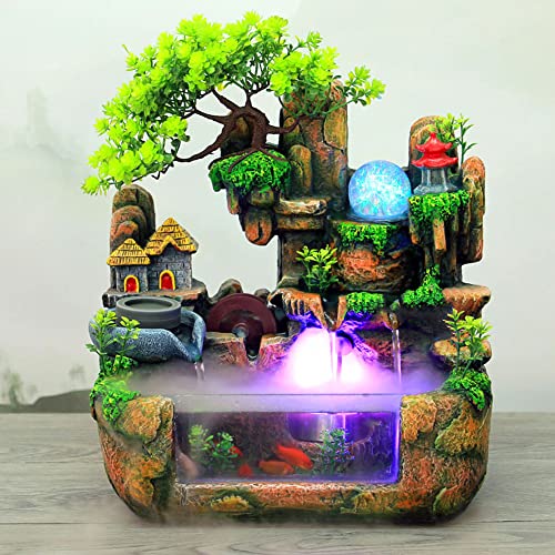 Xuthusman Desktop Resin Waterfall Rockery Fountain Color-Changing LED Lights Home Decoration 110V with Atomizer Home