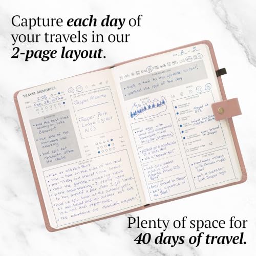 Image of Travel Journal with Prompts (Hardcover) 2nd Edition - Vegan Leather Adventure Essential - 2-Page-A-Day Travel Journal (40 Days) for Women Men Nonbinary - A5 Daily Diary & Traveler Notebook - Gift - Present - Blush Pink