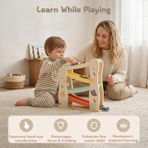 Freniland Wooden Car Ramp Toy with 4 Mini Cars, Montessori Toddler Toys for 1 Year Old Boys Girls, Wooden Race Track Set, Car Toys for Toddlers 1-3, First Birthday, Age 18+ Months - Image 4