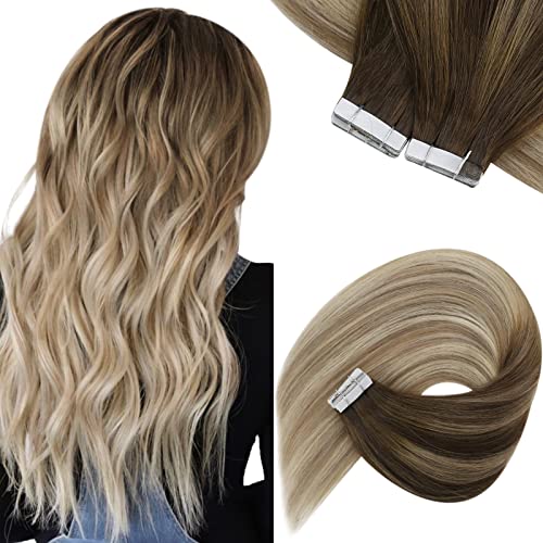 Sunny Tape in Hair Extensions Human Hair Blonde Balayage Hair Extensions Tape in Dark Ash Blonde Highlight Bleach Blonde Tape in Extensions Blonde Highlights Real Human Hair Skin Weft 16inch 20pcs 50g