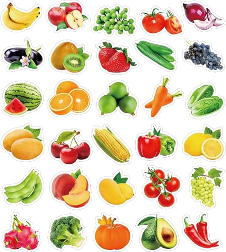 Fruits Vegetables Stickers, 300pcs Banana Apple Grape Parrot Corn Food Decals Classroom Reward Scrapbook Water Bottle Journal Party Decorations
