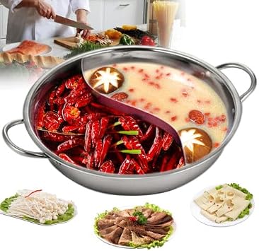 12 Inch Food Grade Stainless Steel Shabu Shabu Hot Pot w/Dual Divider & Thicken Glass Lid, Two-Flavor Soup Pot Hot Pot for Induction Cooker, Gas Furnace, Electric Furnace, Ceramic Hob