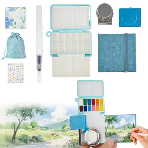SCZND Watercolour Paint Set for Kids Mini Watercolour Paint Set Travel with Foldable Palette Mini Sketchbook Water Brush and Brush Washing Pot Xmas Gift for Boys Girls [Pigments Not Include]