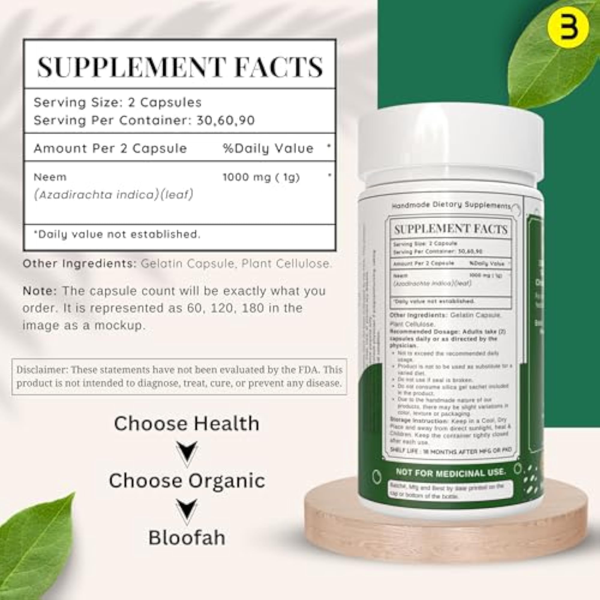 Neem Leaf Capsules, 1000mg for Natural Health