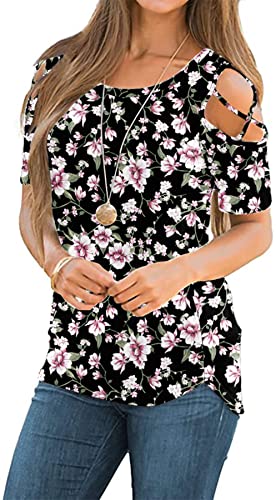 NILOUFO Womens Summer T Shirts Short Sleeve Tunic Strappy Cold Shoulder Tops