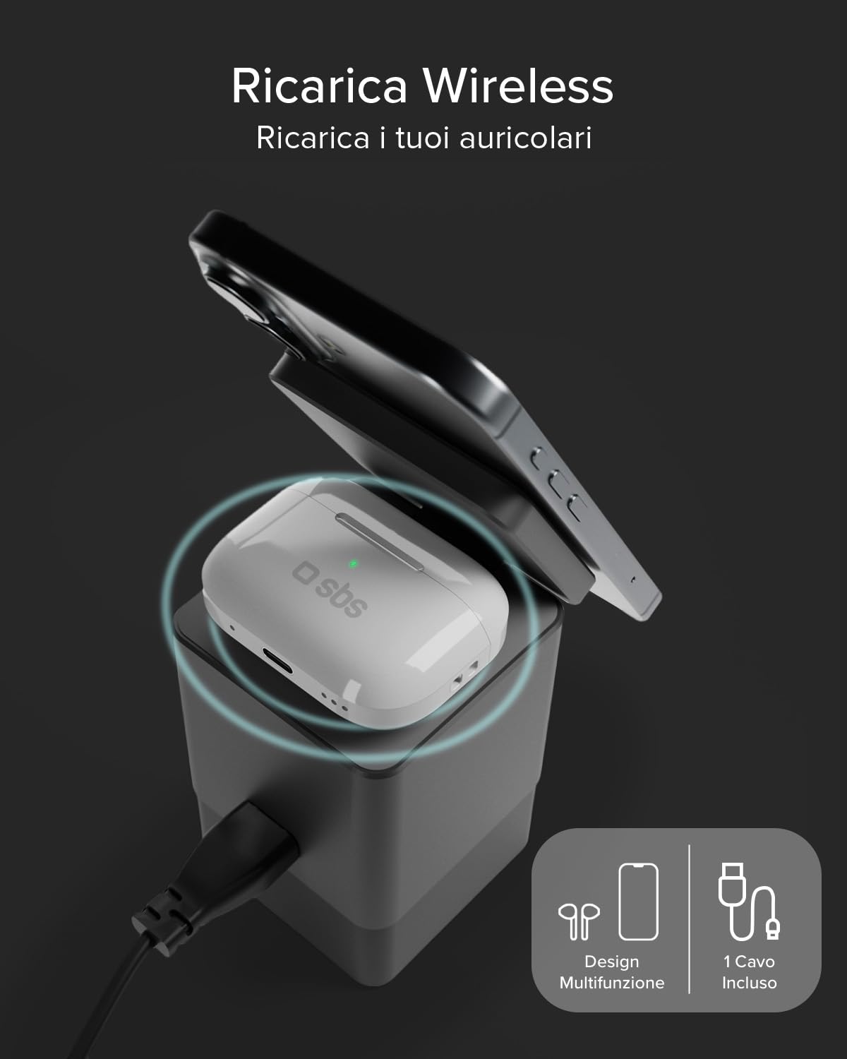 SBS Power Dock 6in1 100W USB-C, Ricarica Wireless 15W, Compatibile MagSafe | Power Delivery (PD 3.0 PPS), Charging Station con 2 Cavi Retrattili, Alimentatore per Notebook, iPhone, AirPods, Nero