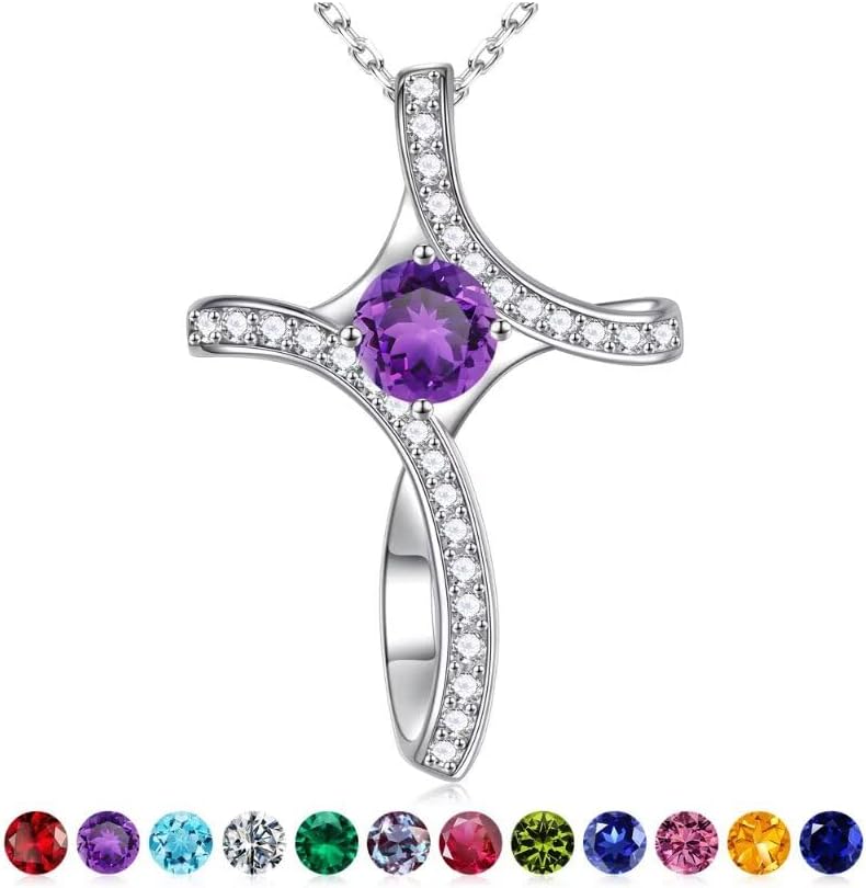 Iefil Cross Necklaces for Women - 925 Sterling Silver Cross Birthstone Necklace, Jewelry Gifts for Women Wife Mom Girlfriend