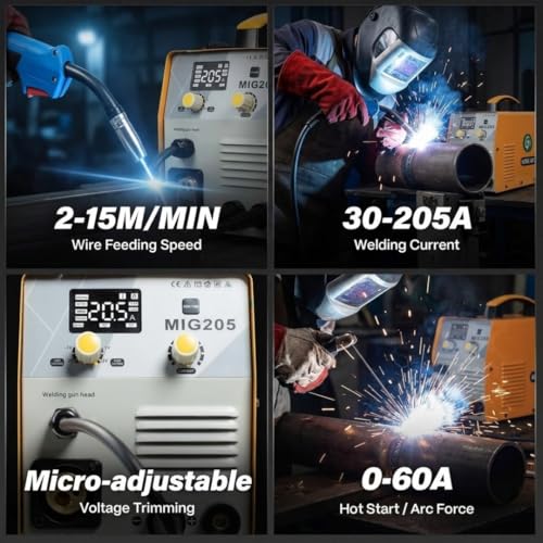 Image of MIG205 MIG /MAG Gasless Welding Machine, 200A Inverter Welder, Multi-Process (MIG, MAG, ARC, Lift TIG), Torch, Earthing Clamp, Gas Hose & 5kg 1.0mm Flux Core Wire