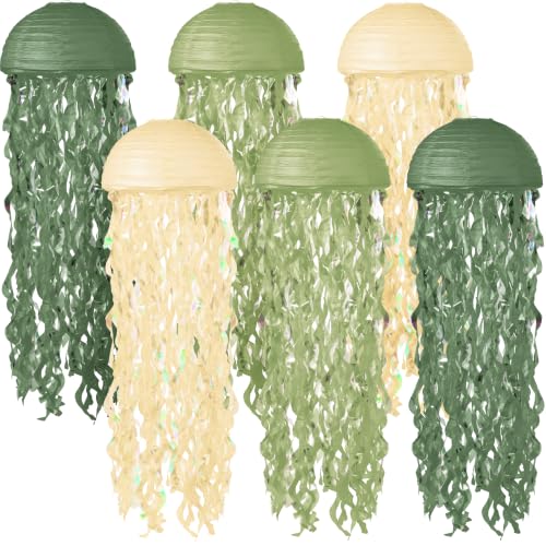 Image of Jellyfish Paper Lanterns 6 Pcs Hanging Ocean Sea Party Decor | Jelly Fish Paper Lanterns for Mermaid Under The Sea, Ocean, Baby Shower and Spongebob Birthday Party Decorations
