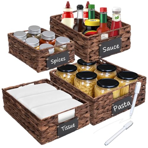 Set of 4 Sizes Hand-Woven Pantry Shelf Baskets, Hyacinth Storage