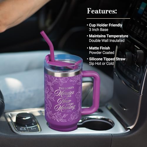 Image of Christian Art Gifts Extra Large Inspirational Scripture Engraved Insulated Stainless Steel Travel Tumbler for Women: Mercies Are New Twist Dial Lid, Reusable Straw & Silicone Tip, Purple Floral, 40 oz