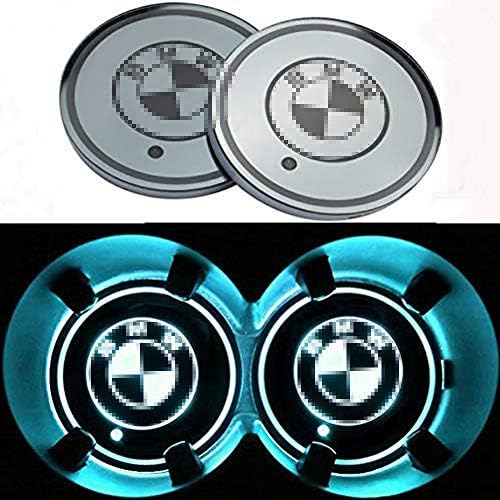 YOJOHUA 2.75 Inch LED Car Cup Holder Lights for BMW Accessories, Car Logo Coaster with 7 Colors Changing USB Charging Mat, Luminescent Cup Pad Interior Atmosphere Lamp Decoration Light (2 PCS)