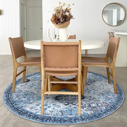 KILOCOCO Moroccan Super Soft Round Rug 5Ft, Washable Kitchen Rug Non-Slip Soft Circle Rug, Blue Entryway Rugs Abstract Print Faux Wool Doormat for Dining Room Bedroom, Blue/Multi