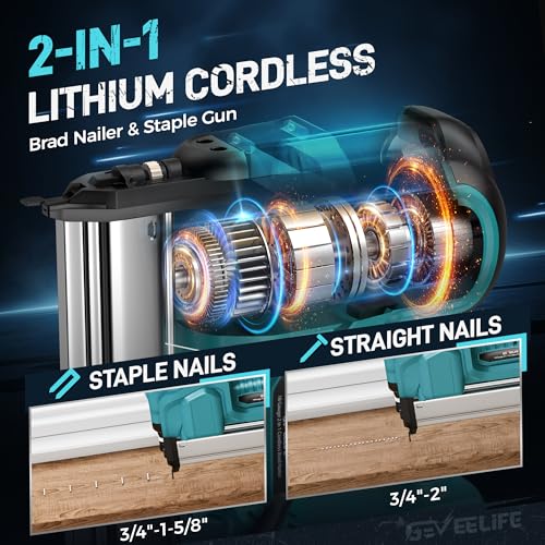 GEVEELIFE Cordless 2" Brad Nailer with 2×2.0Ah Batteries – 2-in-1 18G Nail Gun & Staple Gun, Battery-Powered, 1000 Nails Included, Adjustable Depth, 2 Modes for Wood Carpentry