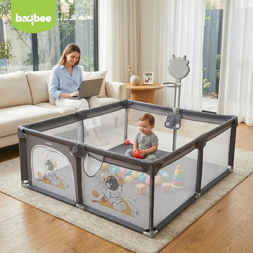 Image of Baybee 180 x 150 CM Kids Playpen for Babies with Basket Ball Hoop | Baby Play Area Indoor Setup with Colourful Balls, Zipper Door & Toys Pouch | Kids Activity Play Gate Fence with Corner Protection | Outdoor play pen for baby for 0 - 5 years Boys Girls (Grey)