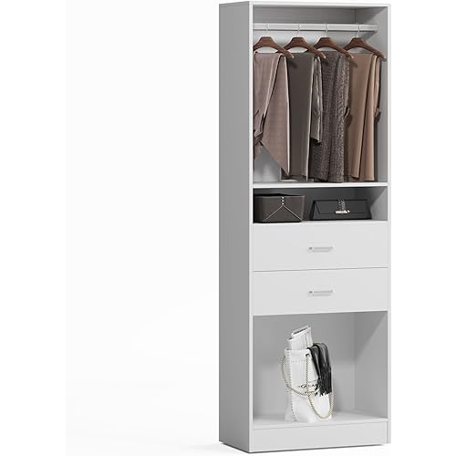 VOWNER Freestanding Closet System with 2 Drawers & Hanging Rod, Wood Closet Organizer System, Walk-in Closet Tower, Clothes Garment Rack, Wardrobe Closet for Bedroom Entryway (1, White)