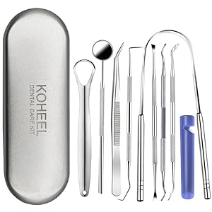 KOHEEL Dental Tools with Metal Case, 8 Count Teeth Cleaning Tools Set, Remove Plaque, Oral Care Hygiene Kit with 2 Type of Tongue Scraper, Tartar Scraper, Gum Cleaner, Dental Probe and Dental Tweezer