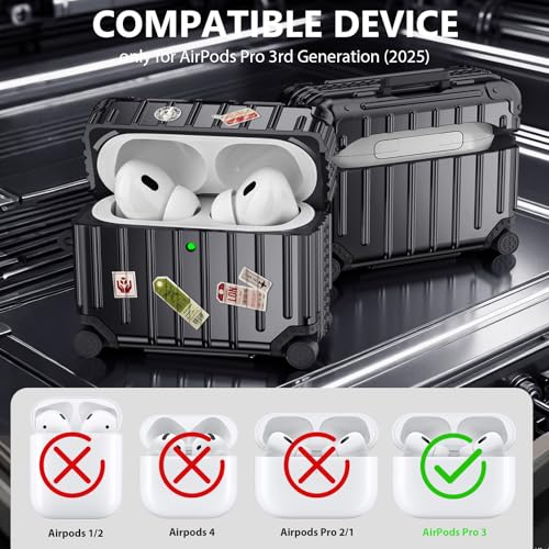 KOREDA Compatible with AirPods Pro 3 Case Cover, Cute Funny Suitcase Design Case for AirPods Pro 3rd Generation, Fashion Protective Hard Case for Women Men with Keychain and Cleaner Kit (Black) by KOREDA - Image 2