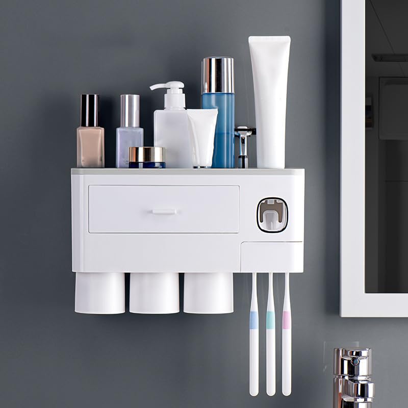 SIXRUN Soporte para Cepillos de Dientes Montado en la Pared, Soporte Magnético de Plástico para Cepillos de Dientes con Dispensador de Pasta de, Almacenamiento en Cajones, Vasos Al Revés para Uso