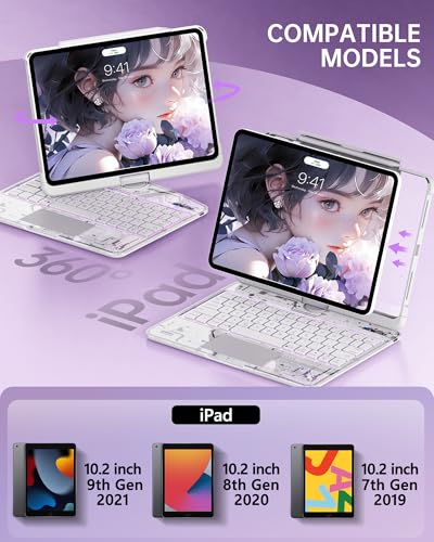 Image of Intermerge for iPad 9th 10.2 inch Keyboard Case, 360 Transparent Multi-Touch Trackpad, 7-Color Backlit Keyboard, Pencil Holder, Type-C, Power Indicator for 9th / 8th / 7th - Frost Pulse