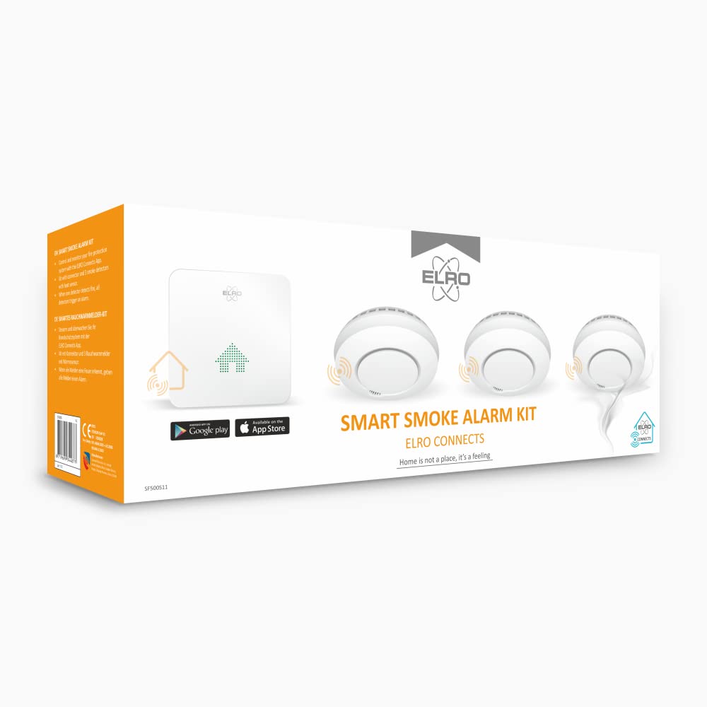 ELRO Connects SF500S zestaw czujek dymu – kompletny zestaw K2 Connector + 3 x radiowy zestaw czujek dymu – ostrzega za pomocą smartfona – zgodnie z normą EN14604