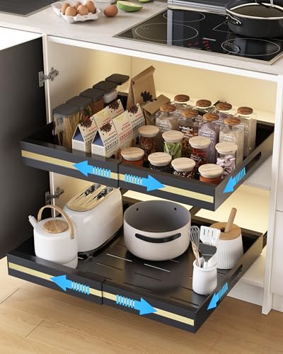 UMDONX Lot de 2 Tiroir Coulissant Cuisine Adhésif Rangement Placard Noir - Tiroir Télescopique Extensible (largeur 30.5-51.5cm)