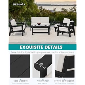 SERWALL HDPE Outdoor Furniture Set, 5 Piece Outdoor Sectional Couch, Black Frame with Khaki Cushions SERWALL HDPE Outdoor Furniture Set 5 Piece Outdoor Sectional Couch Black Frame with Khaki Cushions