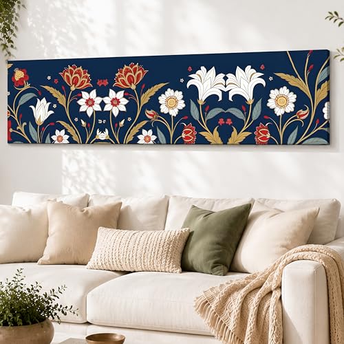 Image of Blue Luxury Floral Botanical Canvas Wall Art Painting For Living Room, Navy Blue Ornamental Flowers Painting, Elegant Panoramic Decorative Wall Art For Home & Office Decor, 12x46 Inch