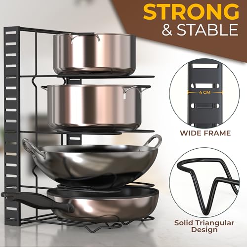 Image of Amazon Brand - Umi 3 DIY Methods Iron Metal Portable Rack Organizer for Pots & Pans | 8 Pans Holder, 4-tiers Each side | Cabinet Pantry Pot Pan Lid Holder (Black)